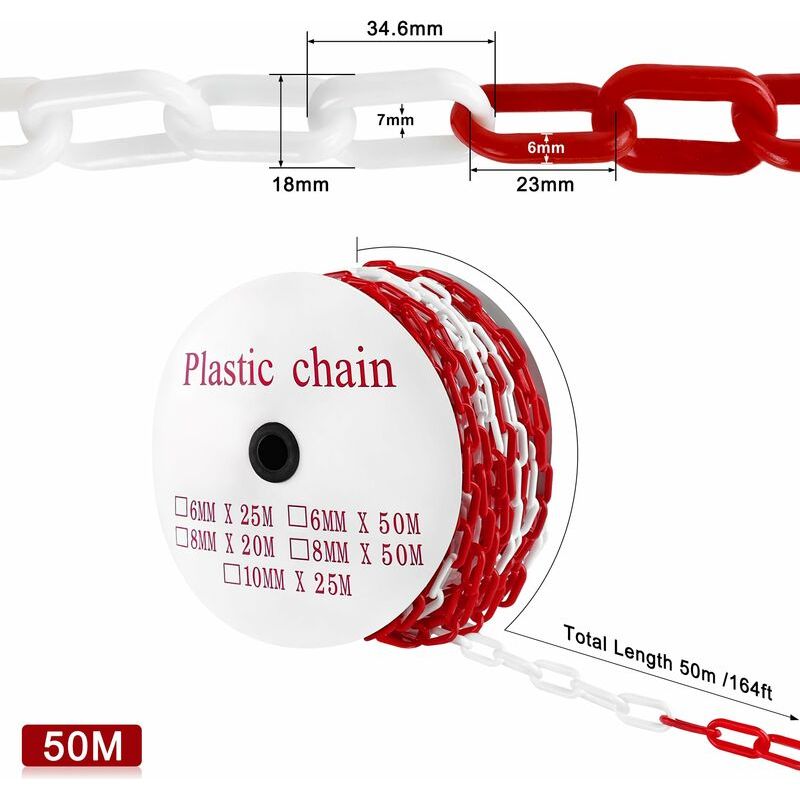 50 M Lange Begrenzungskette, Rot-weiße Kunststoffkette, 6 Mm Dicke Kunststoffzaunkette, Baustellensicherheitskette Aus Kunststoff, Bereichsbegrenzungspfosten