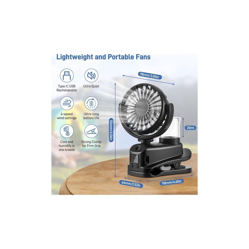 Mini-clip-ventilator Mit 4 Geschwindigkeitsstufen, Led-anzeige, Wiederaufladbar, Tragbar, Usb-anschluss