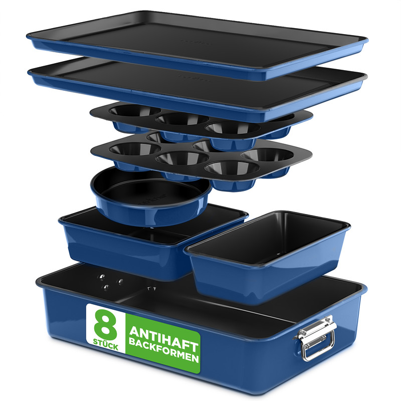 Nutrichef Backformen Set 8-teilig Blau – Auflaufform, Brotbackform, Backblech, Muffinform, Kuchenform Rund & Eckig, Stapelbar & Antihaft, Spülmaschinenfest, Ofenfest Bis 230°c