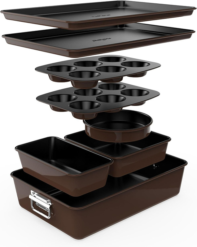 Nutrichef Backformen Set 8-teilig Braun – Auflaufform, Brotbackform, Backblech, Muffinform, Kuchenform Rund & Eckig, Stapelbar & Antihaft, Spülmaschinenfest, Ofenfest Bis 230°c