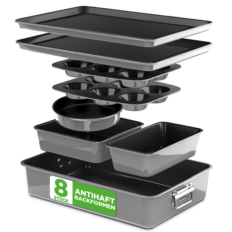 Nutrichef Backformen Set 8-teilig Grau – Auflaufform, Brotbackform, Backblech, Muffinform, Kuchenform Rund & Eckig, Stapelbar & Antihaft, Spülmaschinenfest, Ofenfest Bis 230°c