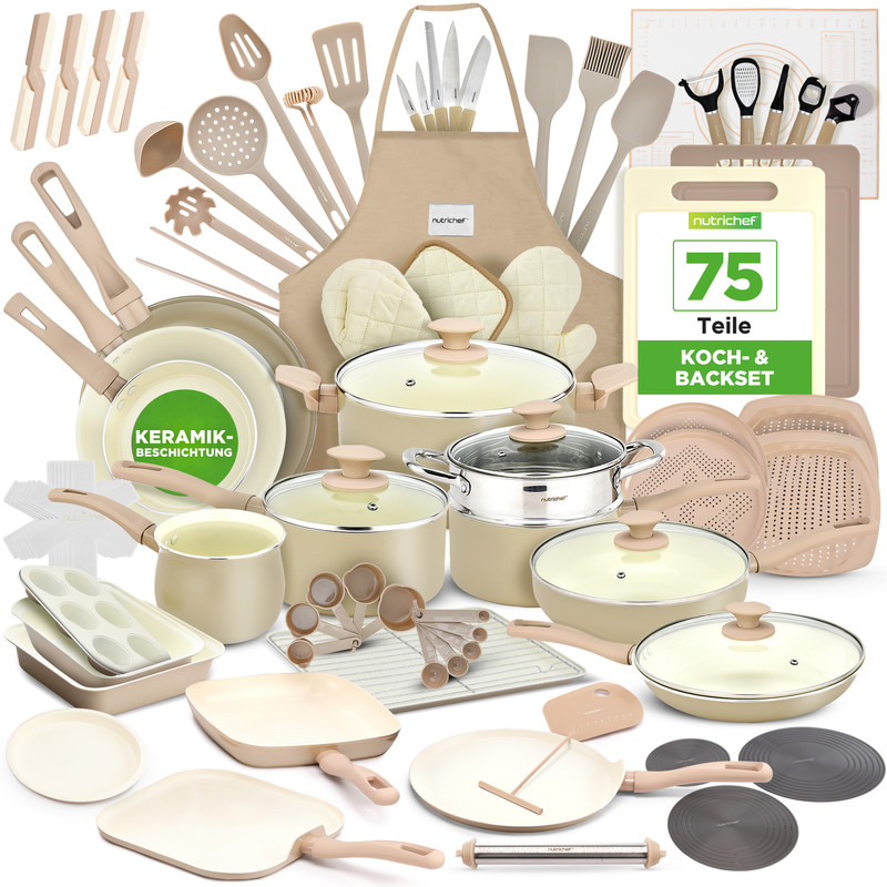 Nutrichef Keramik Kochgeschirr Set 75-teilig, Antihaft, Creme