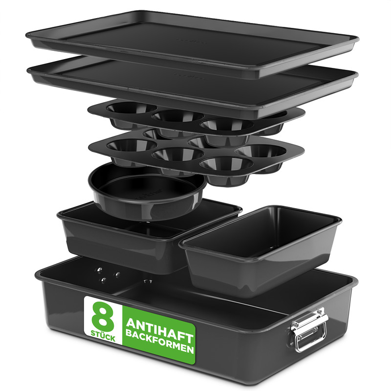 Nutrichef Backformen Set 8-teilig Schwarz – Auflaufform, Brotbackform, Backblech, Muffinform, Kuchenform Rund & Eckig, Stapelbar & Antihaft, Spülmaschinenfest, Ofenfest Bis 230°c