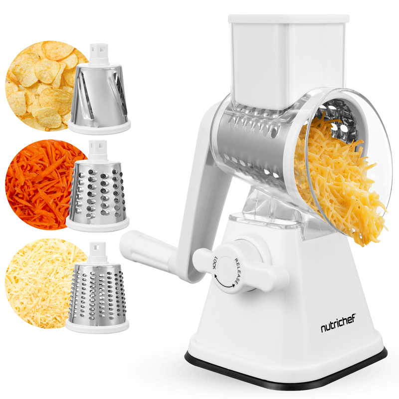 Nutrichef 3-in-1 Trommelreibe Mit Handkurbel, Saugfuß, Weiß