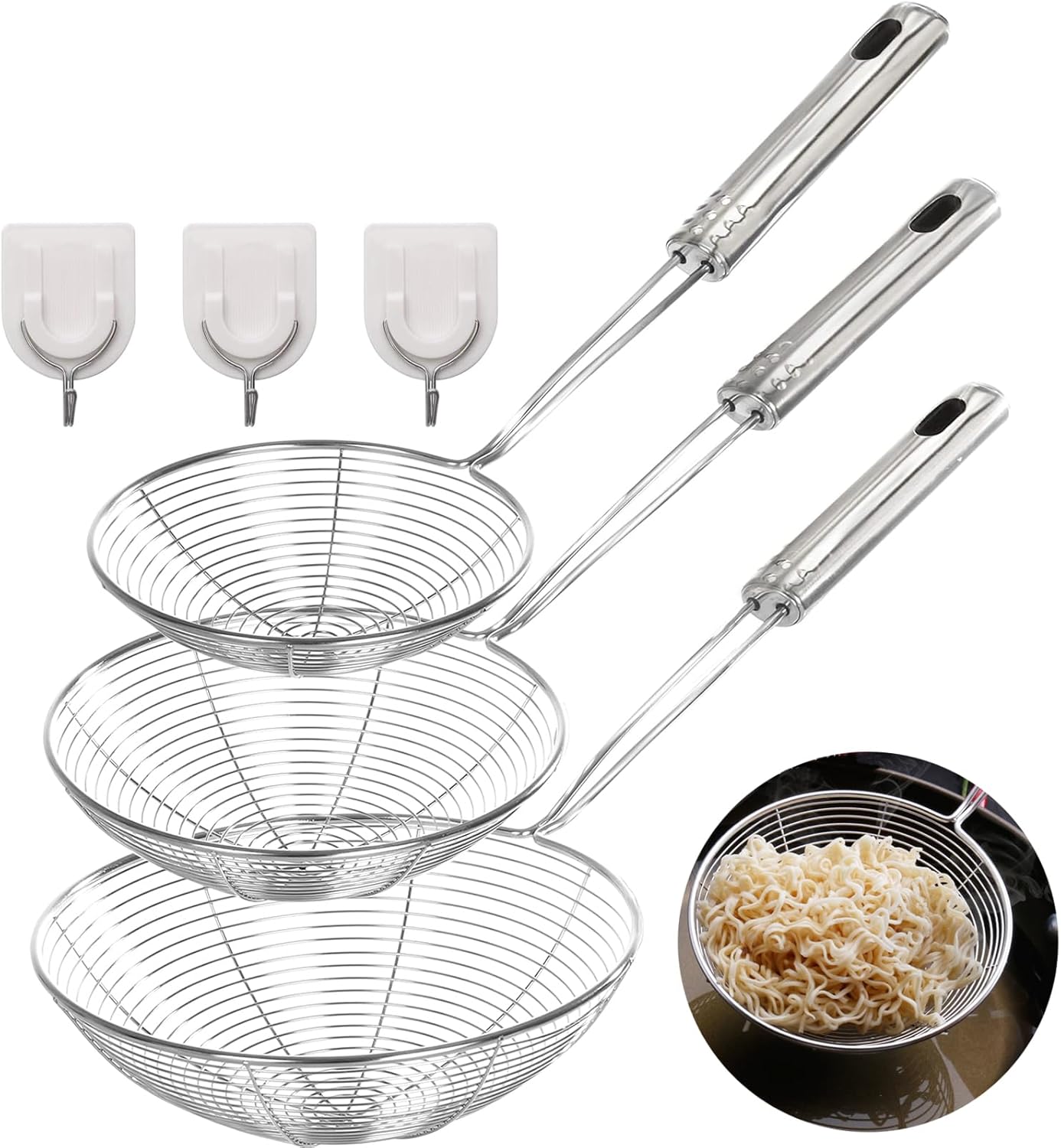 Schaumlöffel Aus Edelstahl – 3er-set – Edelstahl – Langer, Hitzebeständiger Griff – Zum Kochen, Braten Und Für Pasta – 33,5 Cm, 37,5 Cm, 40 Cm