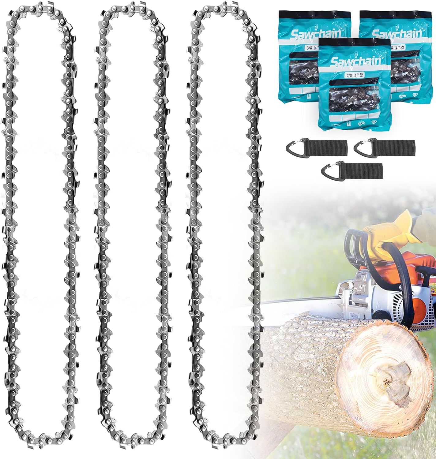 Set Mit 3 Kettensägenketten, 35 Cm, 52 Glieder, Gehärteter Stahl, Präziser Schnitt, Rückschlagschutz, Professionelle Gartenarbeit