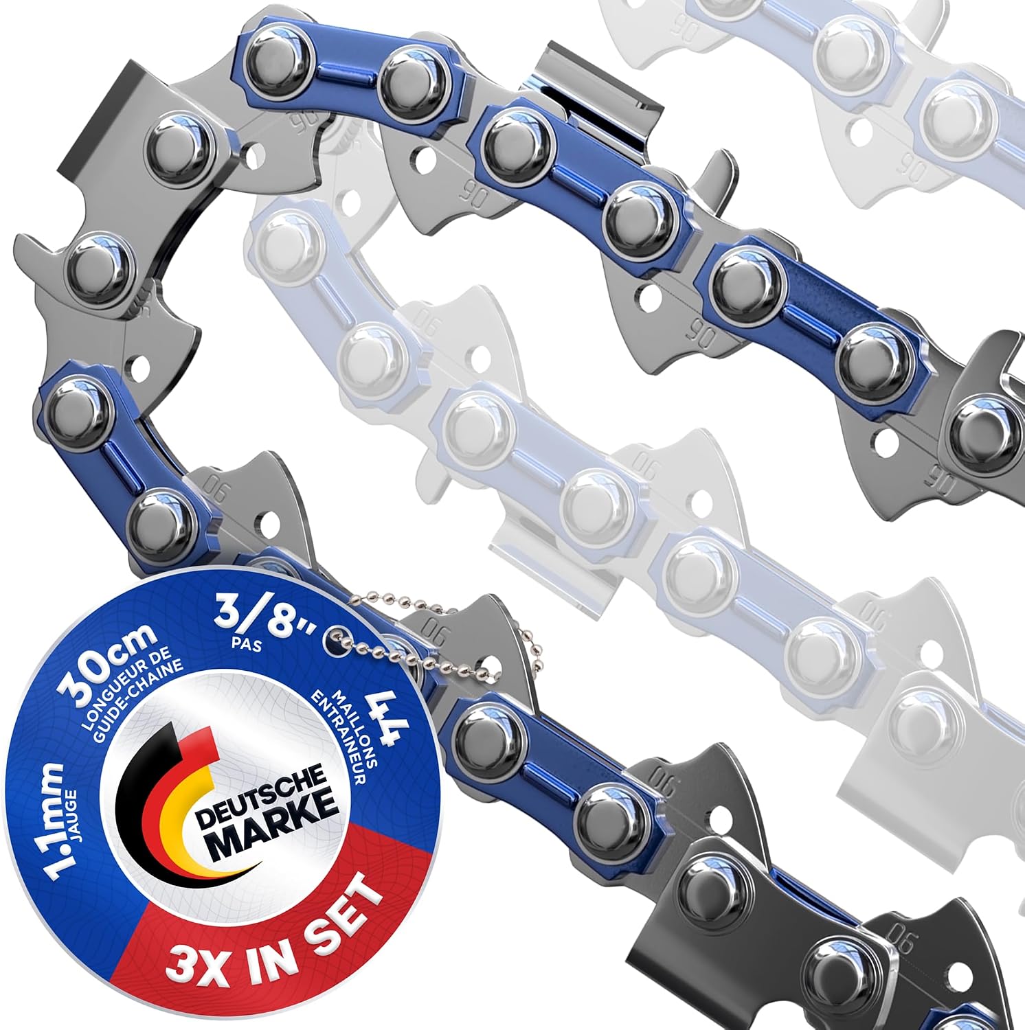 Set Mit 3 Kettensägenketten, 30 Cm, 1,1 Mm, 44 Glieder, Verchromter Stahl, Präziser Schnitt, Geringer Rückschlag, Brennholz