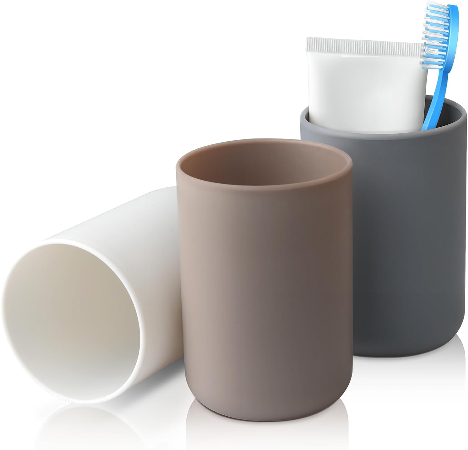 Badezimmerbecher-set – 3er-pack – Lebensmittelechter Kunststoff – Unzerbrechlich – Familiengröße – Weiß, Grau, Braun