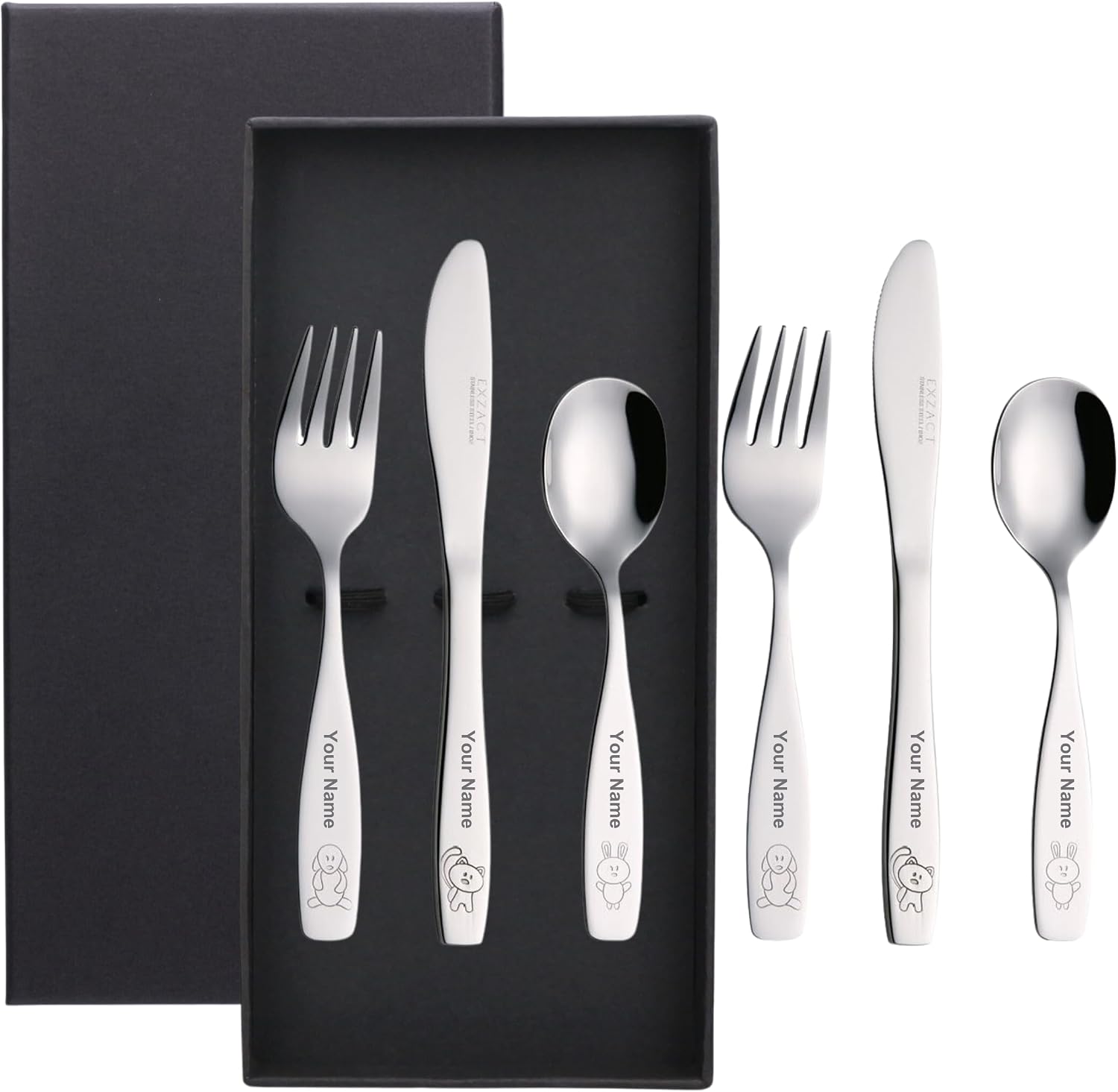 Kinderbesteck-set Aus Edelstahl, 6-teilig – Personalisierte Namensgravur – Hochglanzpolierter Stahl – Schwarze Geschenkbox