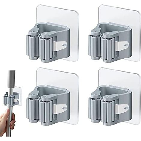 Set Mit 4 Selbstklebenden Wandhaltern Für Besen, Wischmopps Und Badezimmertüren. Kein Bohren Erforderlich. Farbe: Grau.