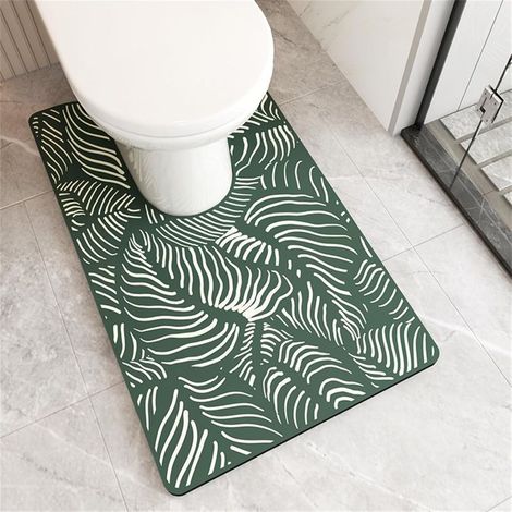Konturierte Toilettenmatte, U-förmige Toilettenmatte, Diatomit, Saugfähig, Schnelltrocknend, Rutschfest, Waschbar, Schützt Den Boden Vor Urin - Minimalistisch (grünes Blatt, 55x90cm)