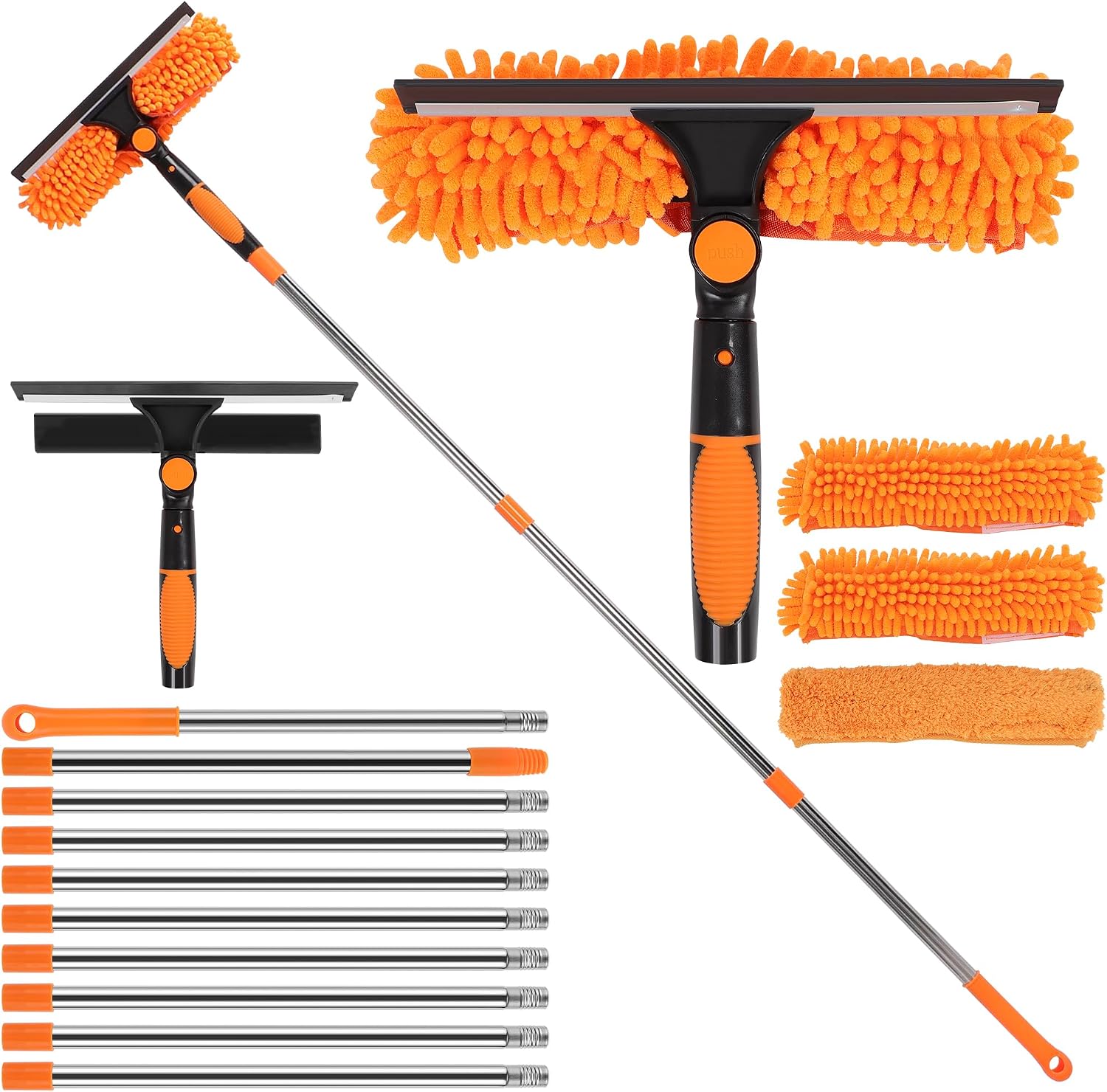 Fensterputzset – 4,5 M Teleskopstiel – Silikon Und Mikrofaser – 3-in-1 Für Hohe Fenster Und Autos – Orange