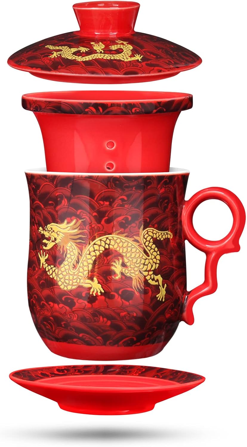 Rote Drachen-keramik-teetasse 400 Ml Mit Teesieb Und Untertasse Für Den Täglichen Gebrauch – Geschenk