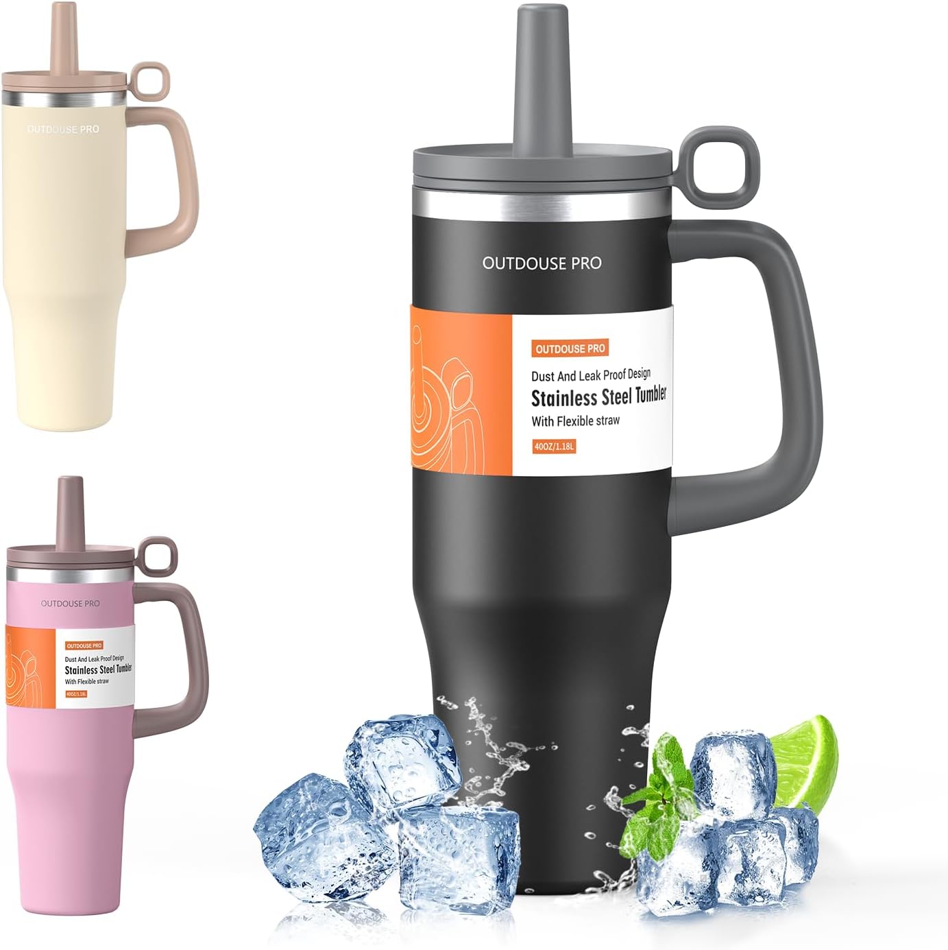 Isolierbecher (1000 Ml) – Edelstahl – Mit Strohhalm Und Henkel – Auslaufsicherer Deckel – Für Auto Und Büro – Schwarz