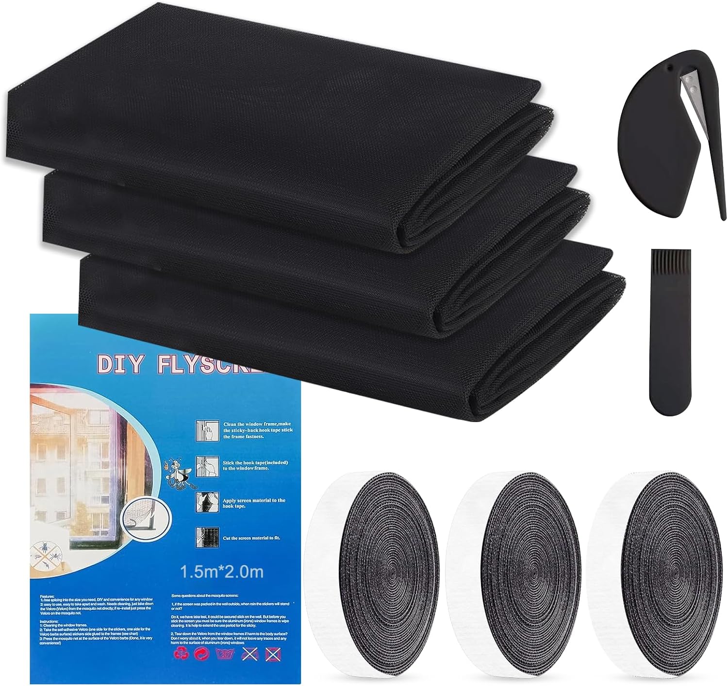 Fenster-moskitonetz – 3-teilig – Polyester – Kein Bohren Erforderlich – Selbstklebend – Zuschneidbar – Schwarz, 150 X 200 Cm