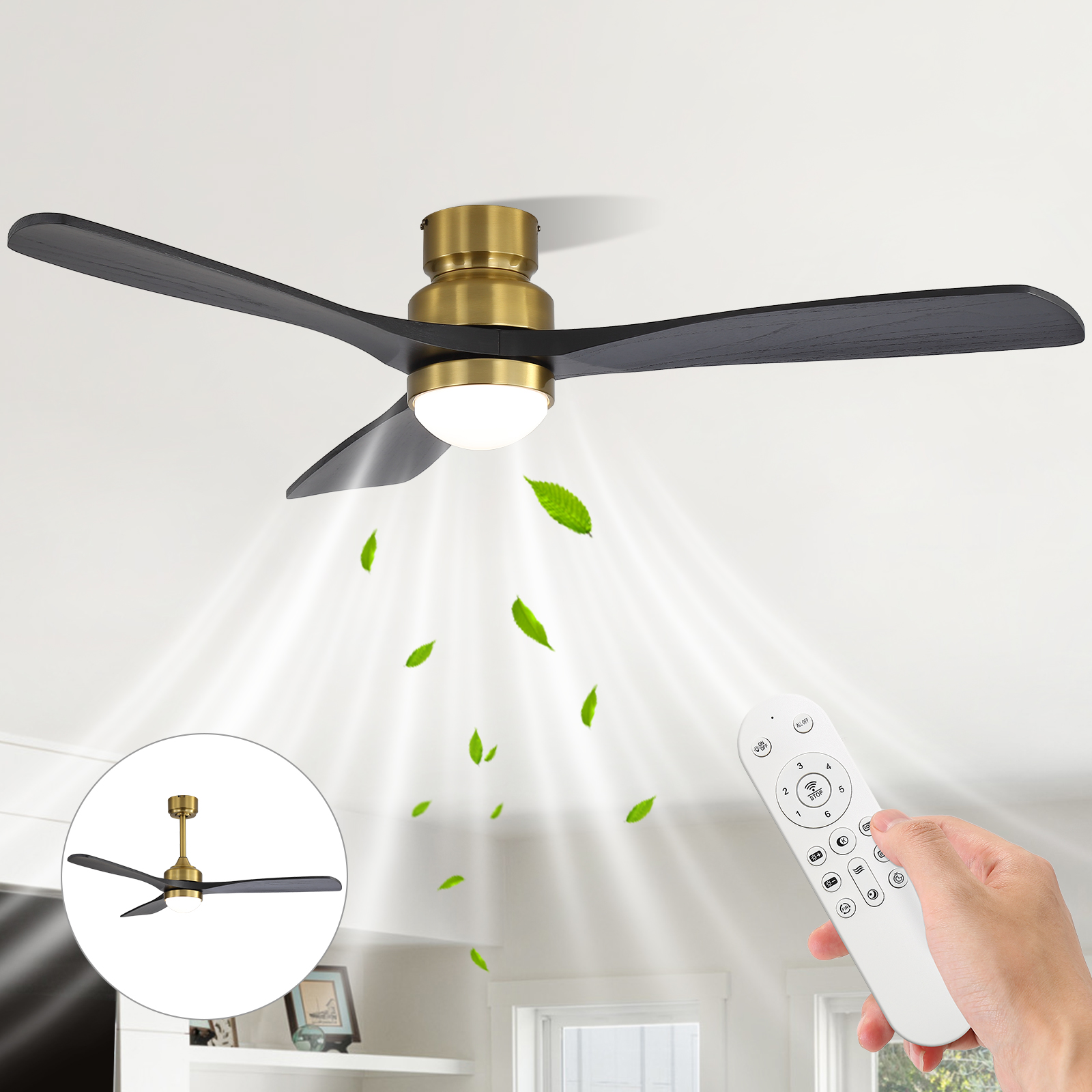 Deckenventilator Mit Beleuchtung 132 Cm, 6 Geschwindigkeiten, Dc-motor, Holz, Modern, Gold