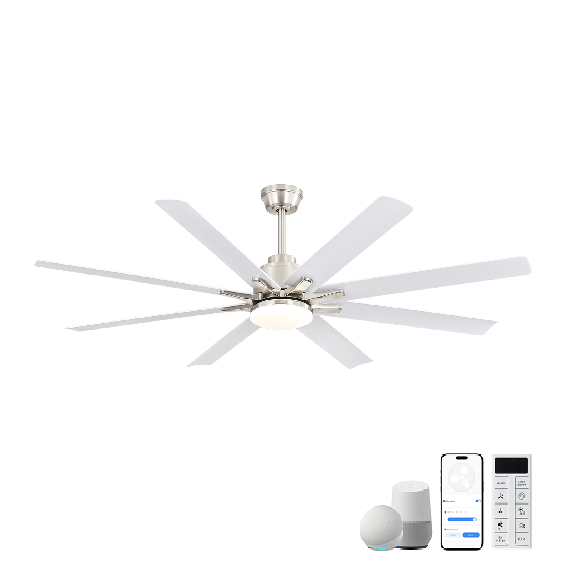 Smarter Deckenventilator Mit Beleuchtung 168 Cm, App/alexa Steuerung, Leiser Dc-motor, Abs, Moderner Stil, Nickel