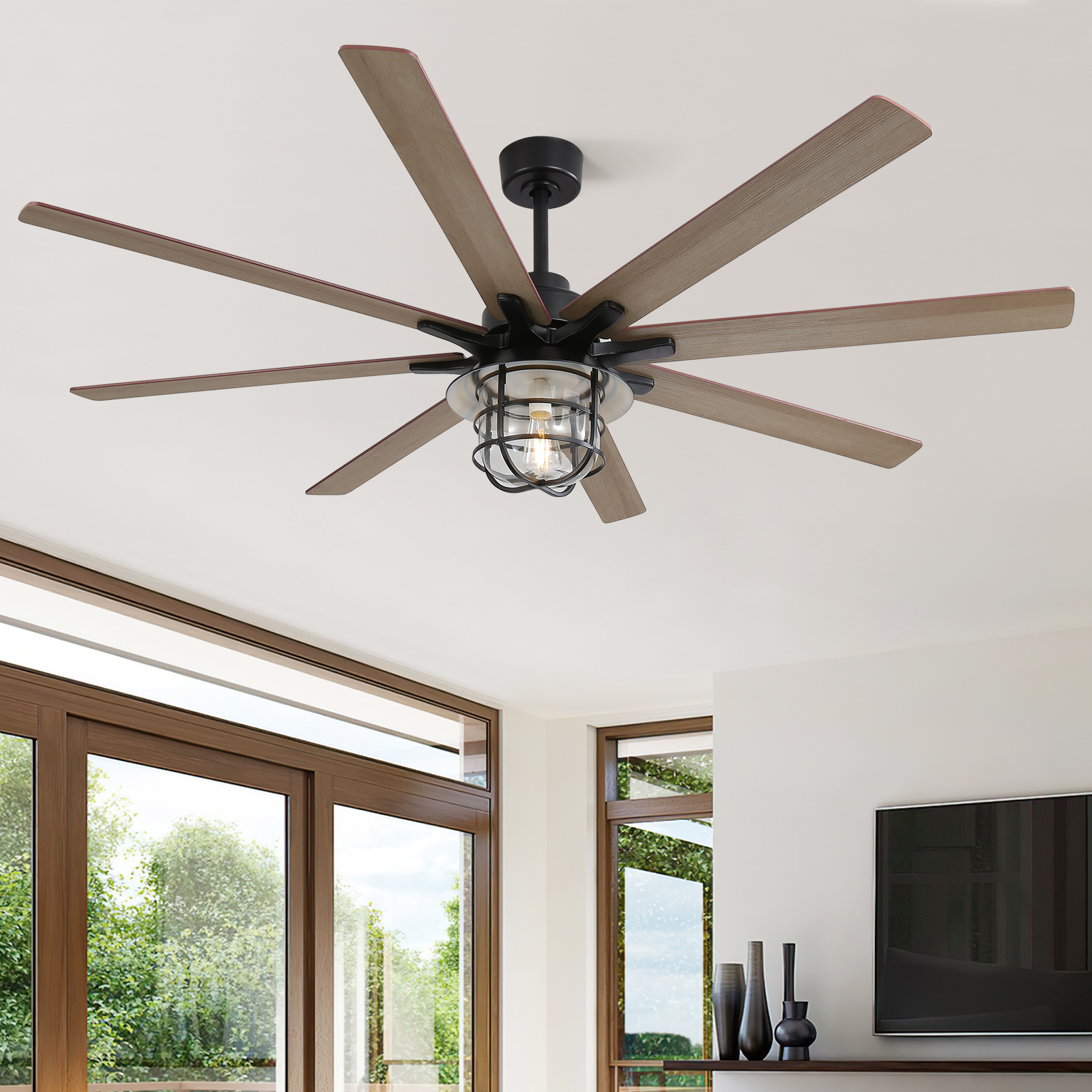 Deckenventilator Mit Beleuchtung 168cm Leiser Dc-motor Und Timer Metall Und Glas Industrie-stil Schwarz