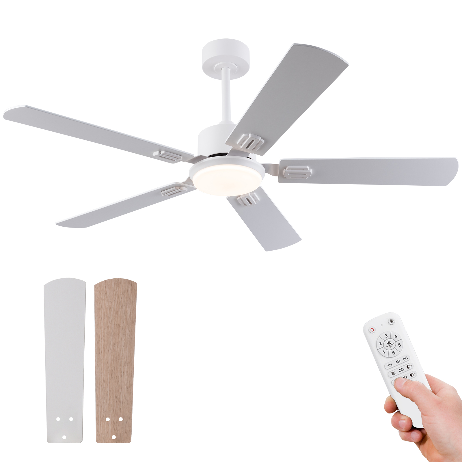Deckenventilator Mit Beleuchtung 132cm, 6 Geschwindigkeiten Fernbedienung, Metall Und Holz, Modern, Weiß Und Helle Eiche