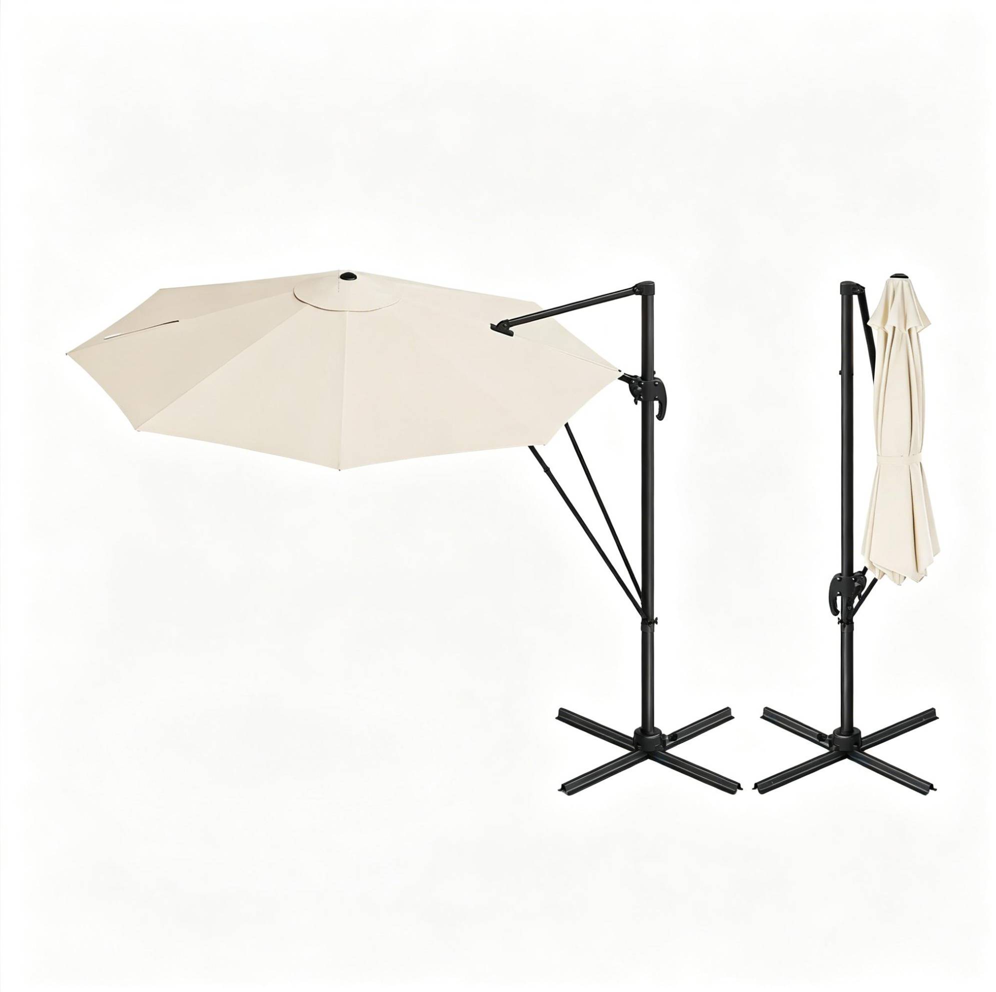 Runder 3-m-ampelschirm Aus Metall Und Polyester, Beige, Mit Kreuzfuß