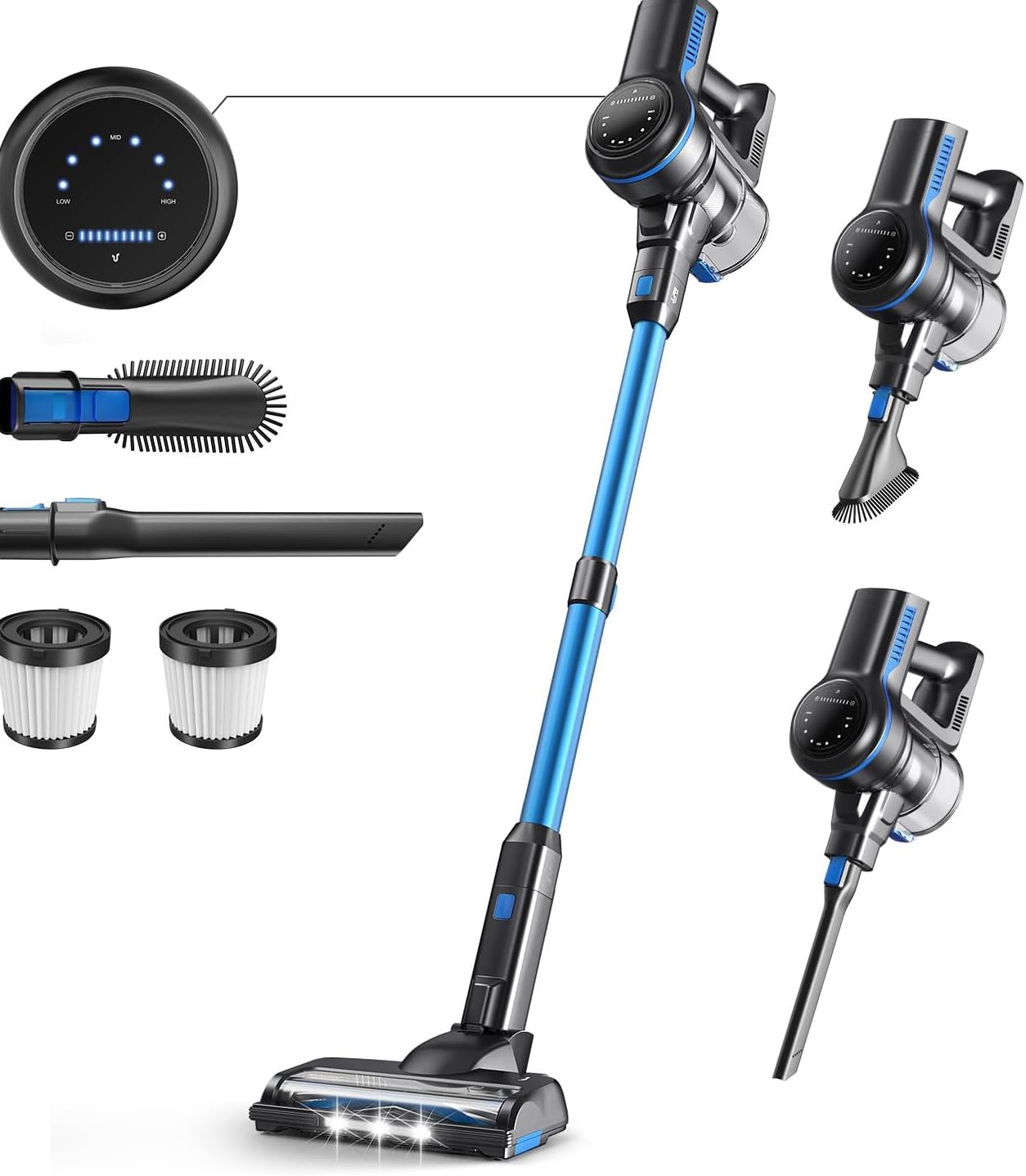 Kabelloser Stielstaubsauger Blau Mit Led-display Und Weicher Bürste