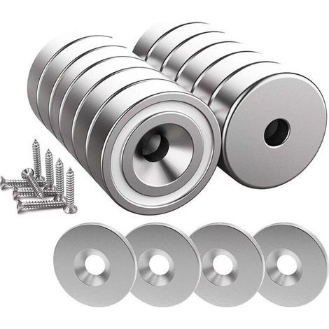 12 X 10 Kg Starke Neodym-magnete, 20 X 7 Mm Mit Loch Und Kappe, Senkkopfmagnet Mit Schraube Und 12 X Stahlkugellager (hellsilber)