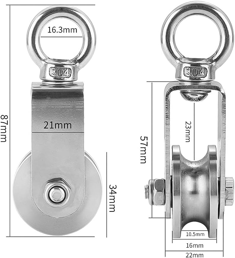 34-mm-edelstahlrolle – 2 Stück – Tragkraft: 250 Kg – 360°-drehung – Für 10-mm-kabel – Für Den Innen- Und Außenbereich