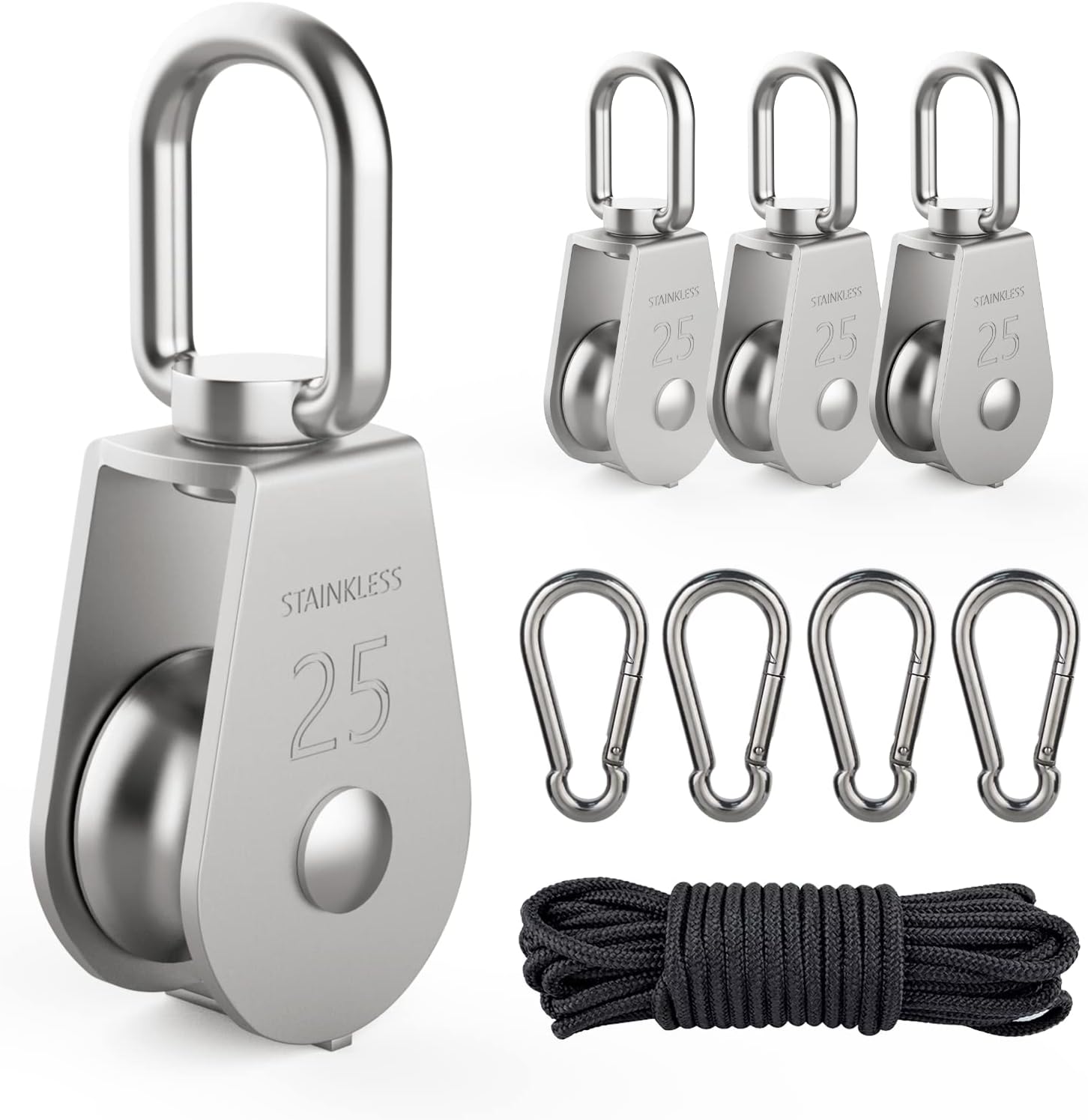 M25 Edelstahl-einzelrolle – 4er-pack – Tragkraft 150 Kg – 360°-drehung – Für Stahl- Und Nylonseile – Für Den Außen- Und Schiffseinsatz