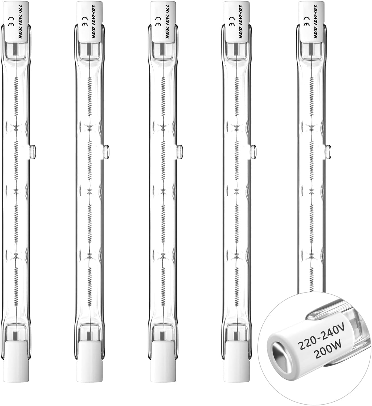 R7s 118 Mm 200 W Halogenlampe, 5er-pack, Warmweiß 3000 K, Dimmbar, Für Innen- Und Außenbeleuchtung
