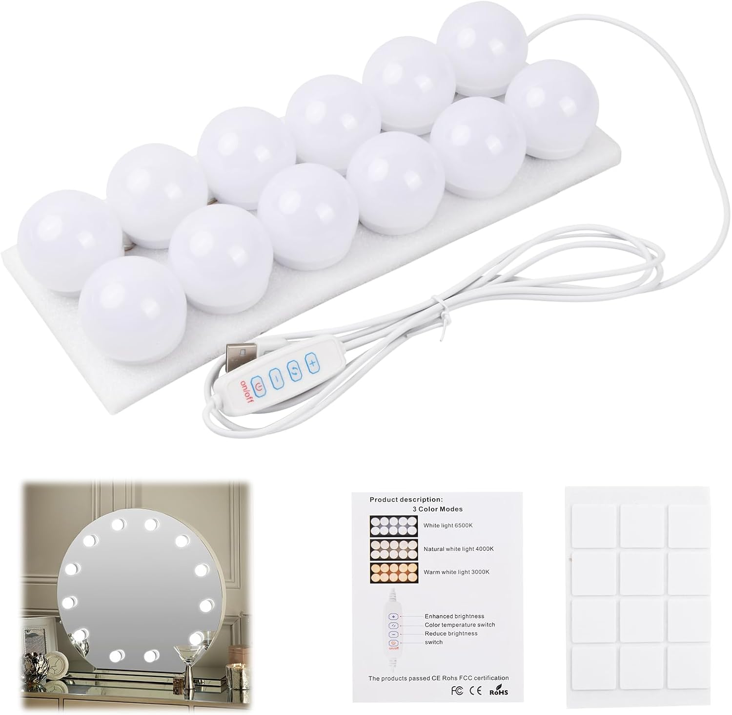 Led-spiegelleuchten Im Hollywood-stil, 12 Dimmbare Glühbirnen, 3 Farben, Für Schminktisch, Badezimmer