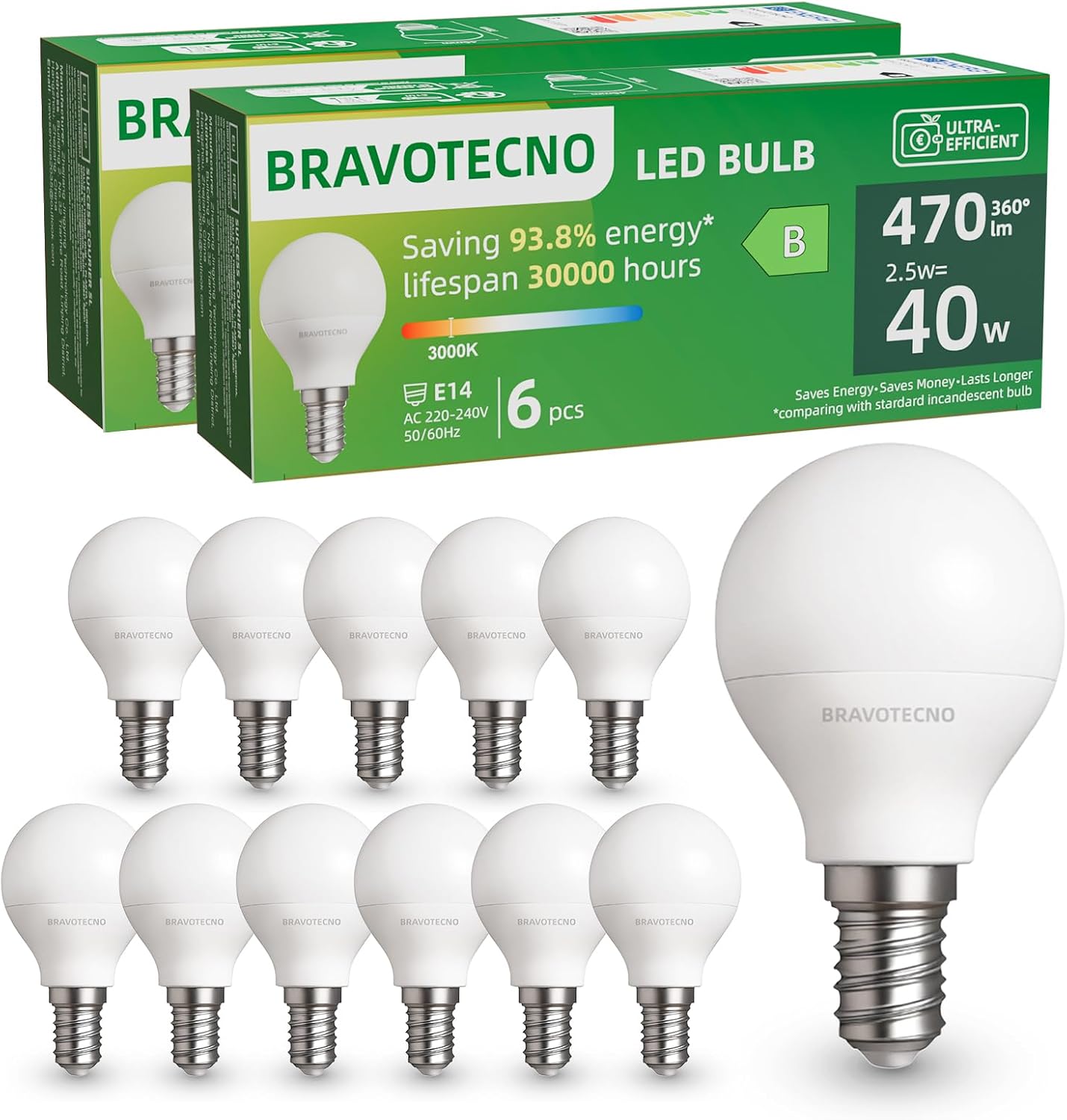 E14 G45 Led-lampe, Warmweiß 3000 K, 2,5 W, 470 Lm, Schutzklasse B, Flimmerfrei, Stabiles Licht Für Kronleuchter Und Nachttischlampen, 12er-pack