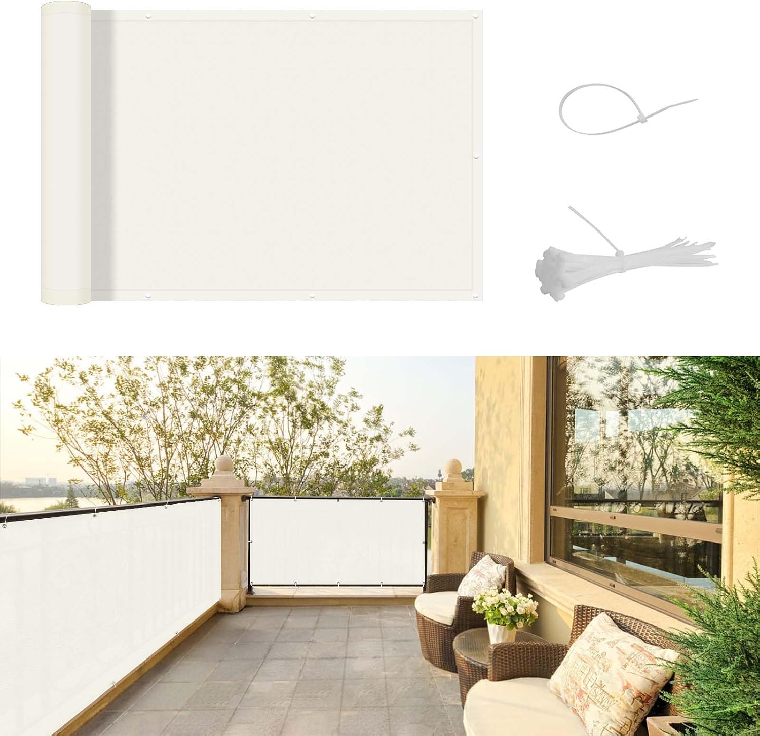 Balkon-sichtschutz – 90 X 400 Cm – Cremefarbenes Polyester – Uv-schutz Und Wasserdicht – Für Terrasse Und Garten