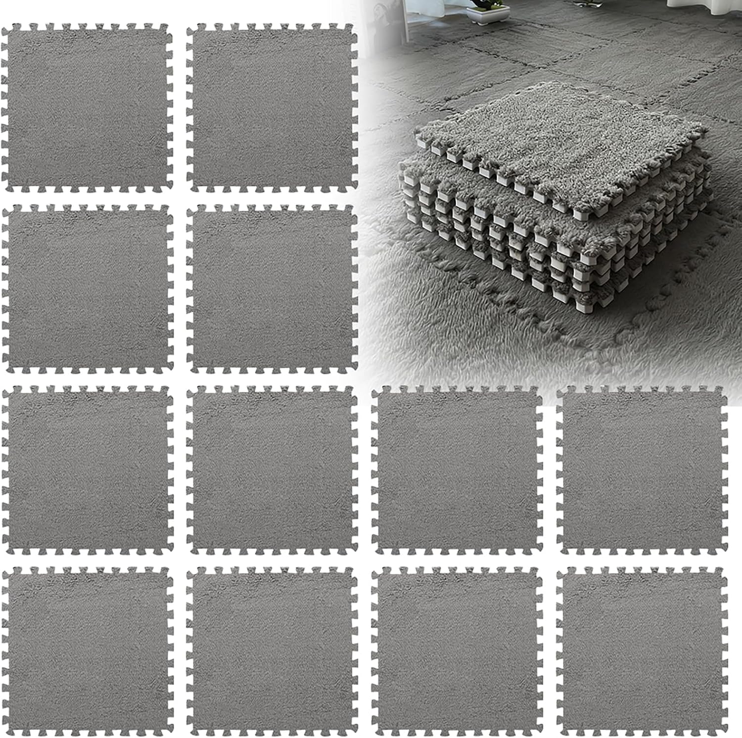 Schaumstoff-puzzlematte – 12-teilig – Plüsch Und Eva – 30 X 30 Cm – Weicher Bodenbelag Für Spiel- Und Wohnzimmer – Grau