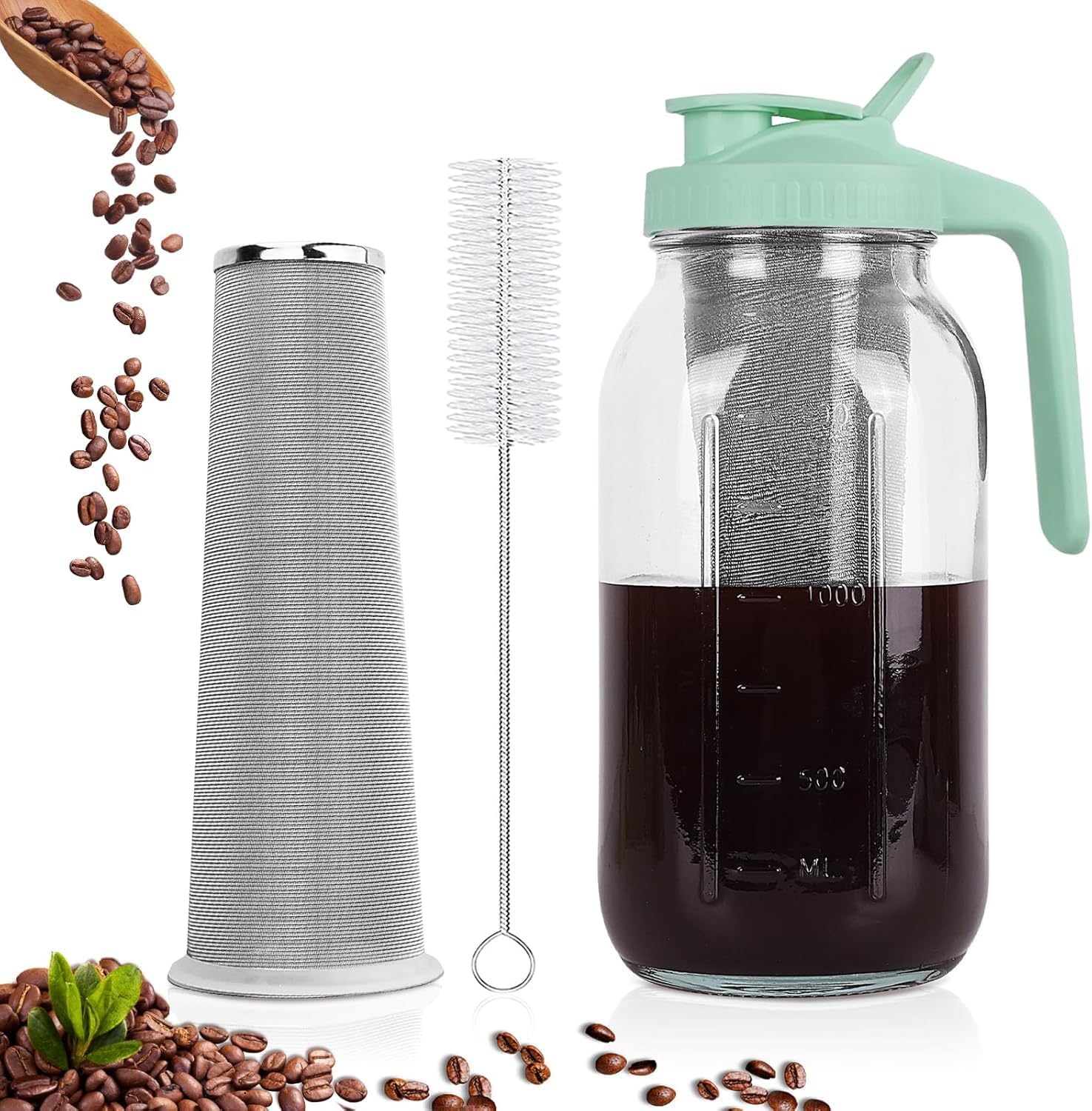 Kaffeemaschine Für Kaltbrühkaffee – 1,8 L – Glas Und Edelstahl – Feinfilter – Für Kaffee Und Kalten Tee – Grün