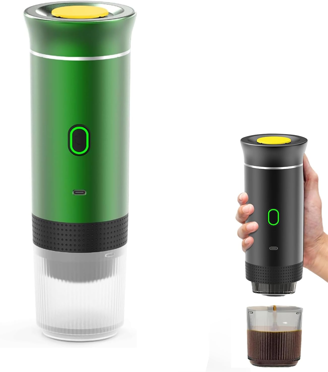 Tragbare Espressomaschine – 12 V, Wiederaufladbar – Abs Und Edelstahl – Kompatibel Mit K-cups Und Gemahlenem Kaffee – Ideal Für Camping Und Auto – Grün