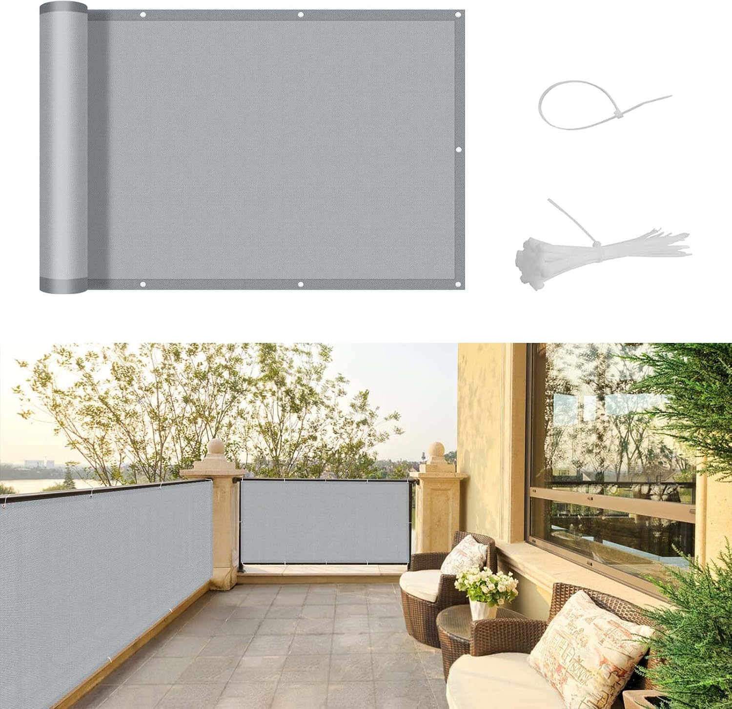 Balkon-sichtschutz – 1-teilig – Hellgraues Polyester – Uv-schutz Und Wasserdicht – Für Terrasse, Garten, Balkon – 90 X 400 Cm