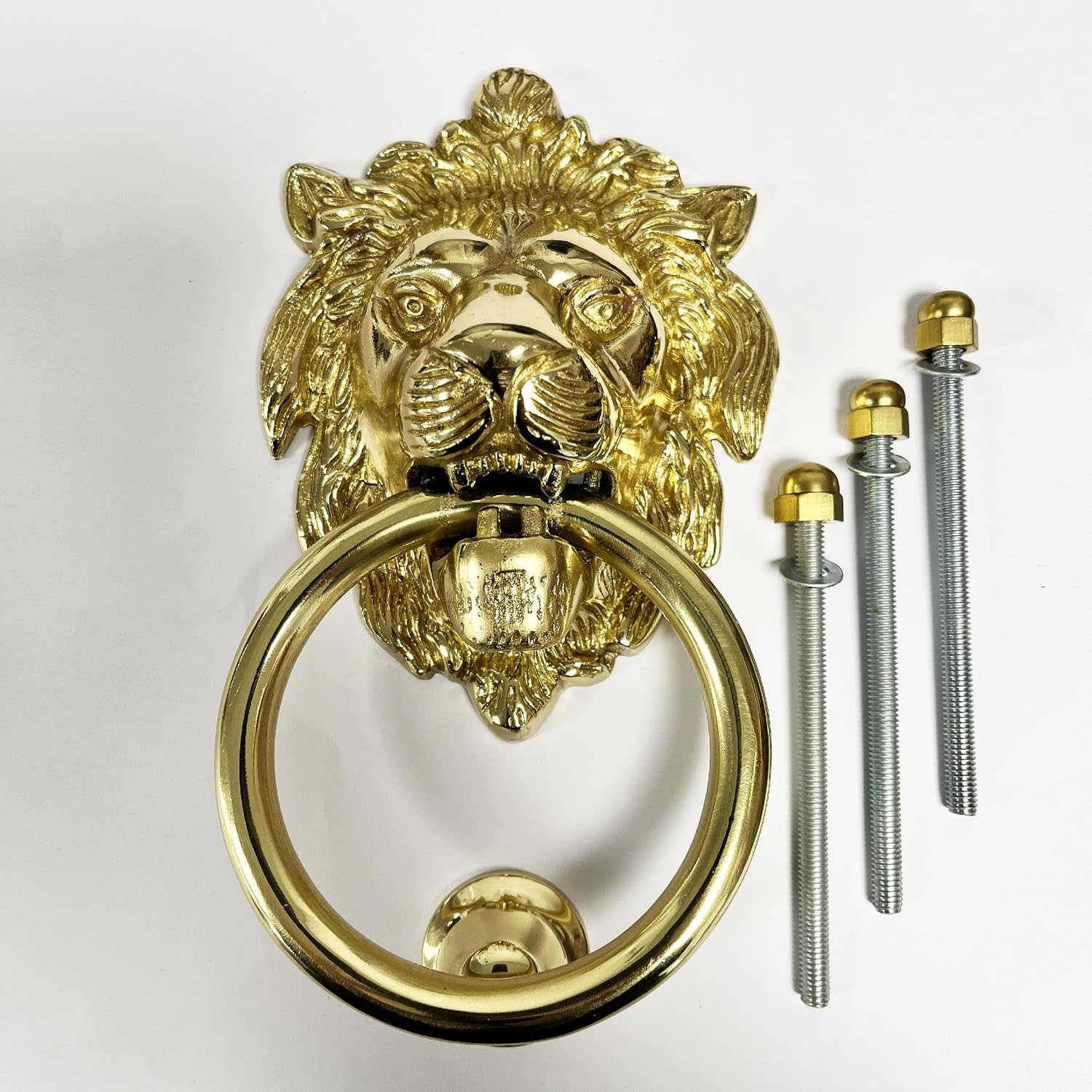Türklopfer Mit Löwenkopf – 1 Stück – Poliertes Messing – Imposantes, Detailreiches Design – Für Außentüren – Inkl. Befestigungsmaterial