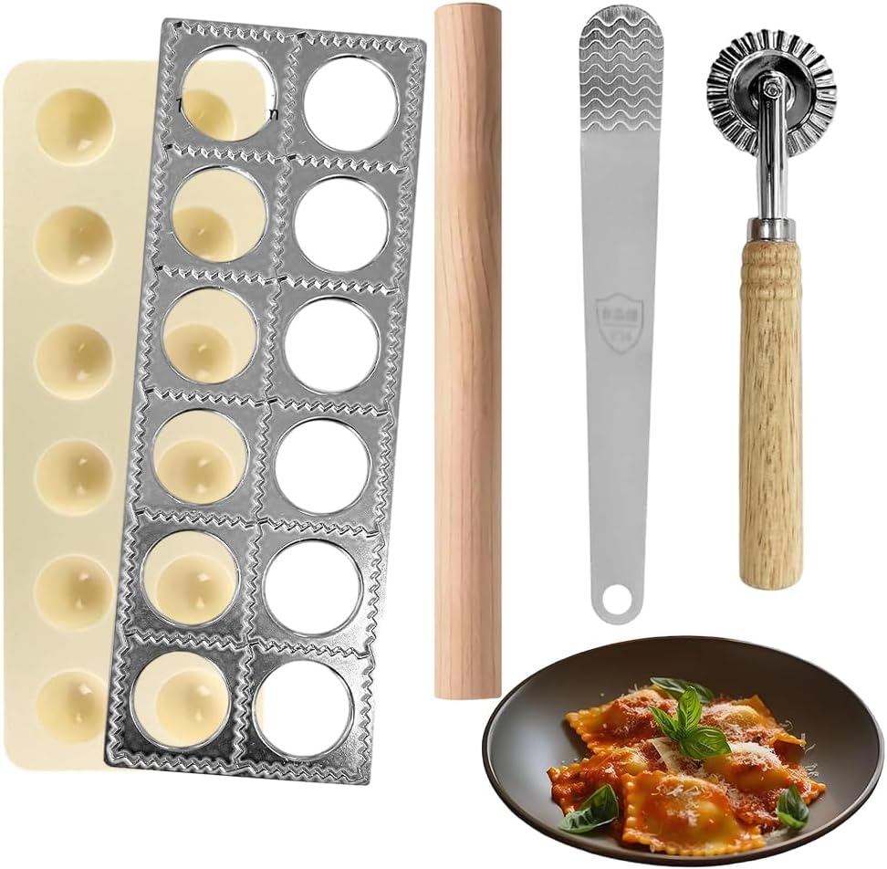 Ravioli-form – 5-teiliges Set – Aluminium Und Holz – 12 Mulden – Antihaftbeschichtung – Für Teigtaschen Und Gyoza – 30 X 10 Cm