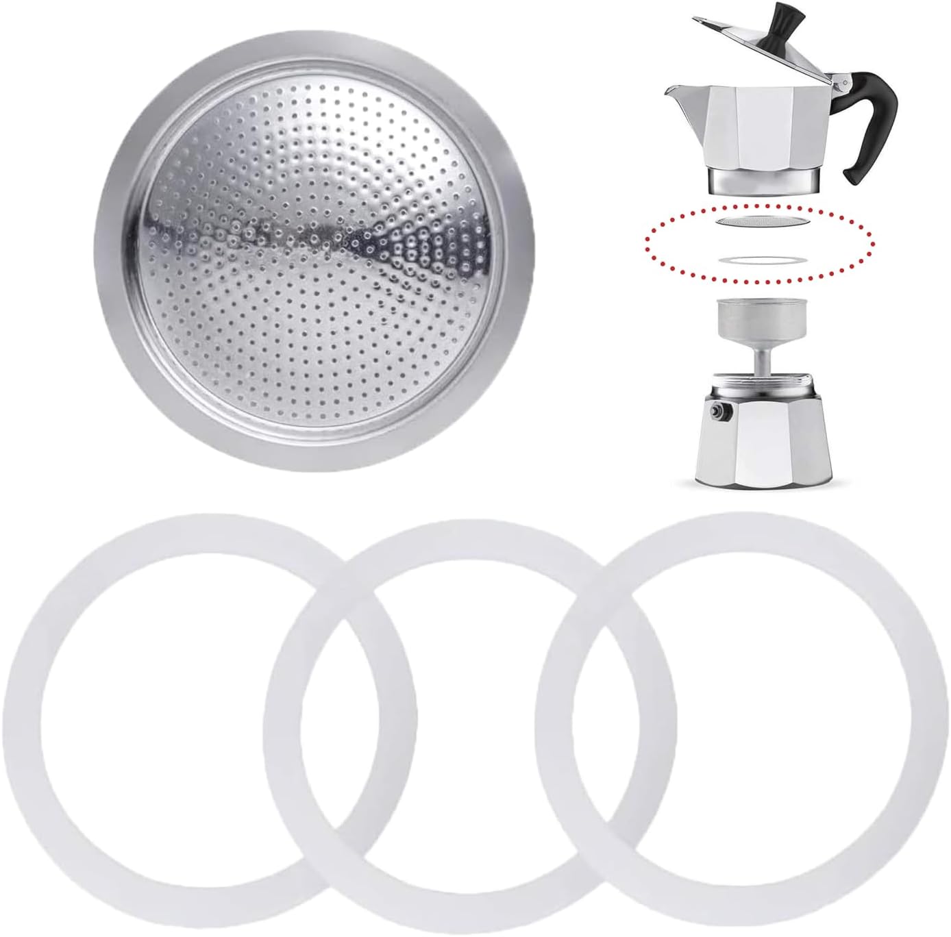 Silikondichtung Und Stahlfilter-set – 3 Ringe + 1 Sieb – Für Italienische 3-tassen-kaffeemaschinen – Durchmesser 7,1 Cm