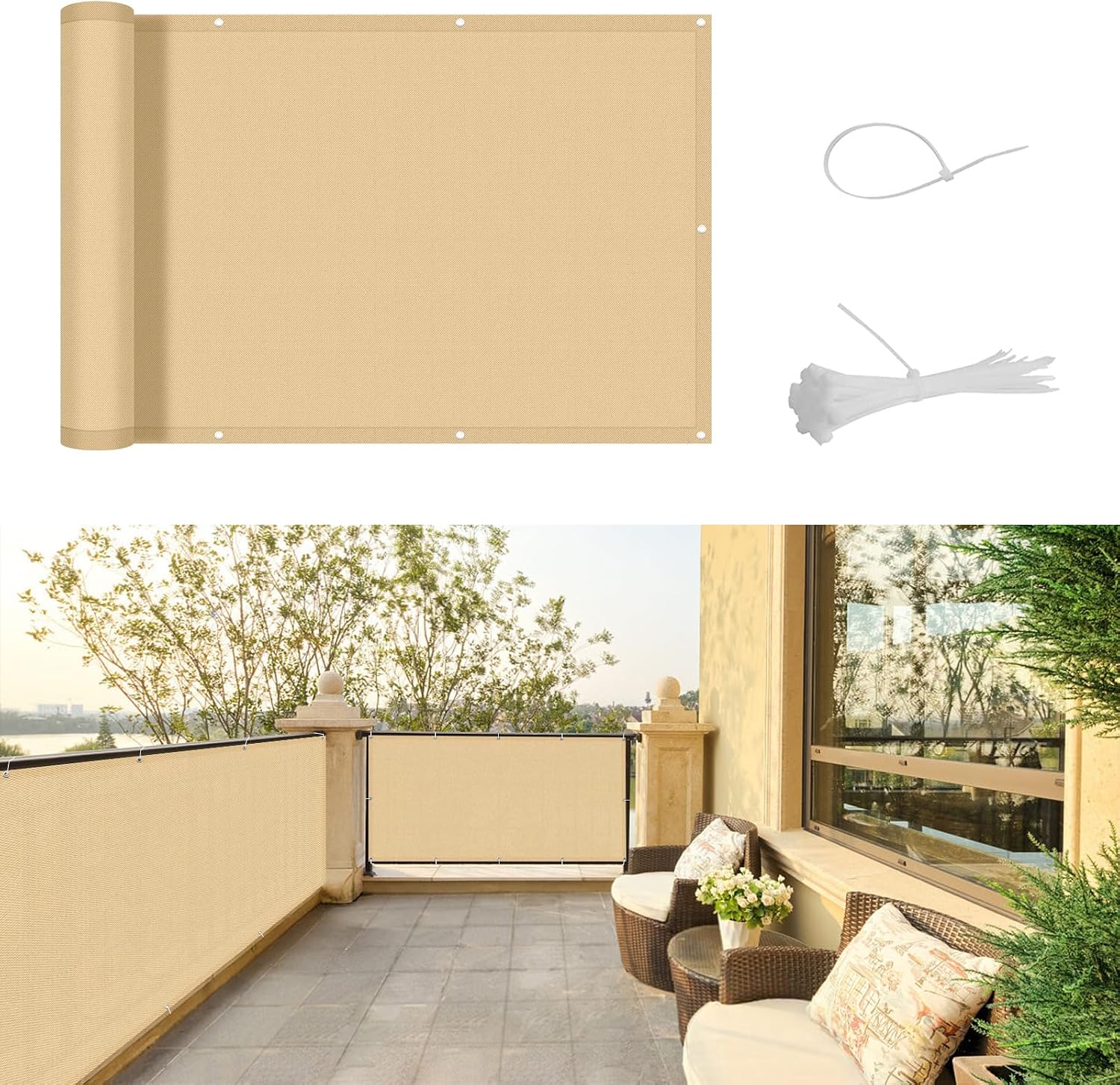 Balkon-sichtschutz – 90 X 400 Cm – Wasserdichtes Polyester – Uv- Und Windschutz – Für Terrasse, Garten, Patio – Sandfarben