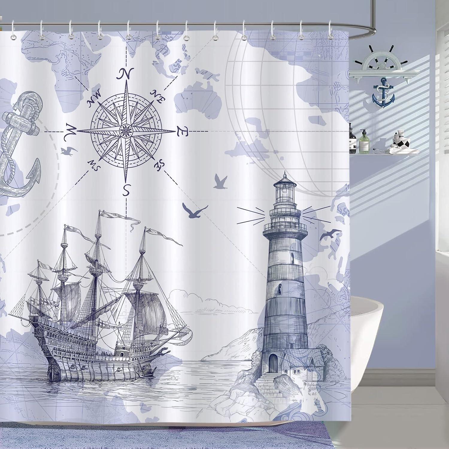 Duschvorhang – 1-teilig – Polyester – Maritimes Motiv – Für Badezimmer – 180 X 180 Cm