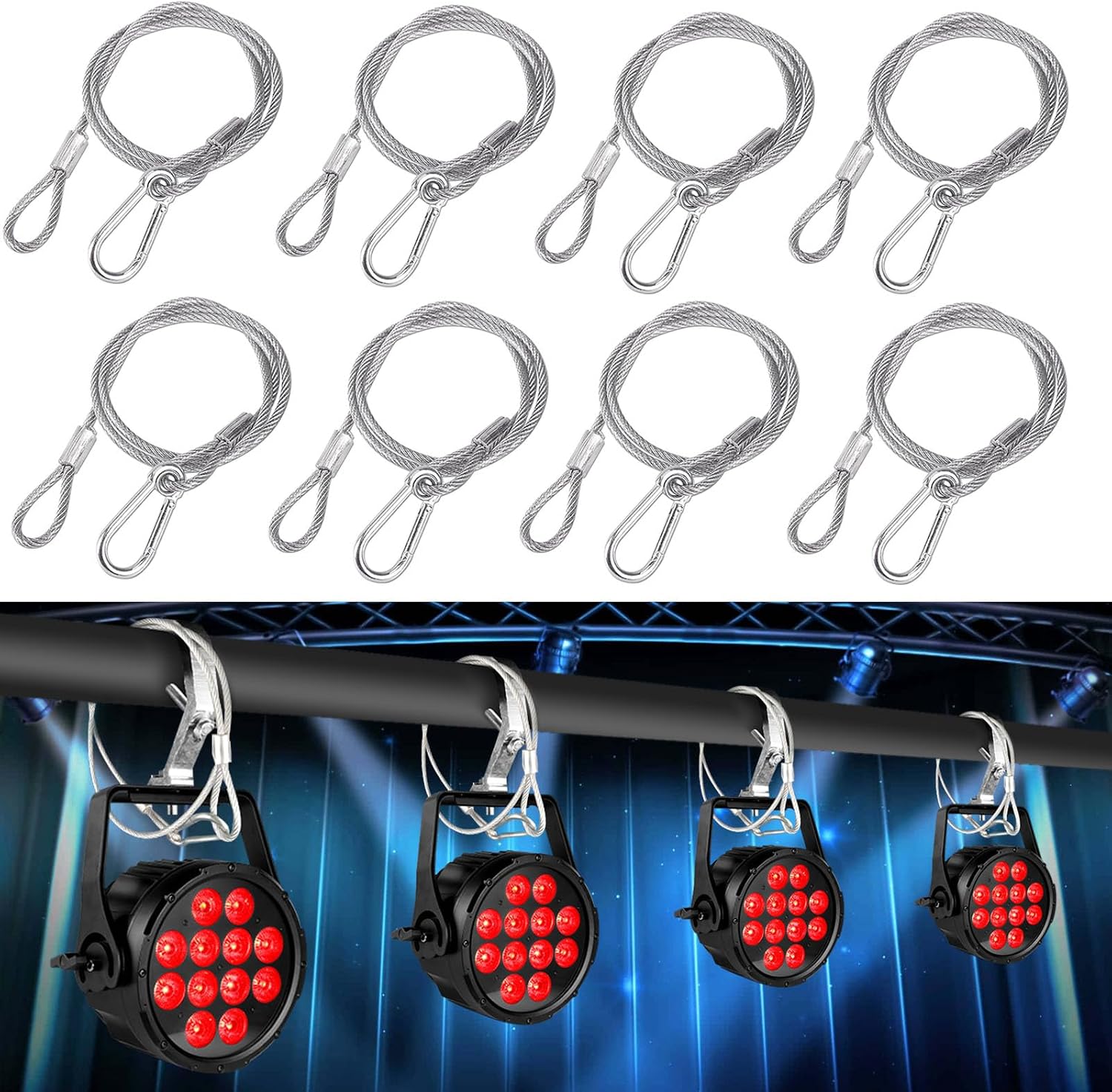 Sicherheitsseil Aus Stahl – 8 Stück – 4 Mm X 80 Cm – Fallschutz – Bühnen- Und Dj-beleuchtung – Mit Schlaufe