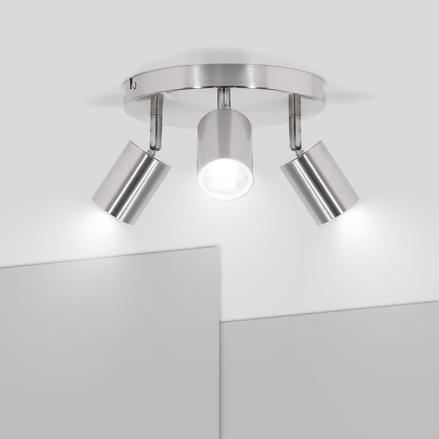 Led-deckenleuchte Mit 3 Spots, Oberfläche In Mattem Nickel – 350° Verstellbare Metallleuchte – Moderne Innenbeleuchtung Für Wohnzimmer Und Büro