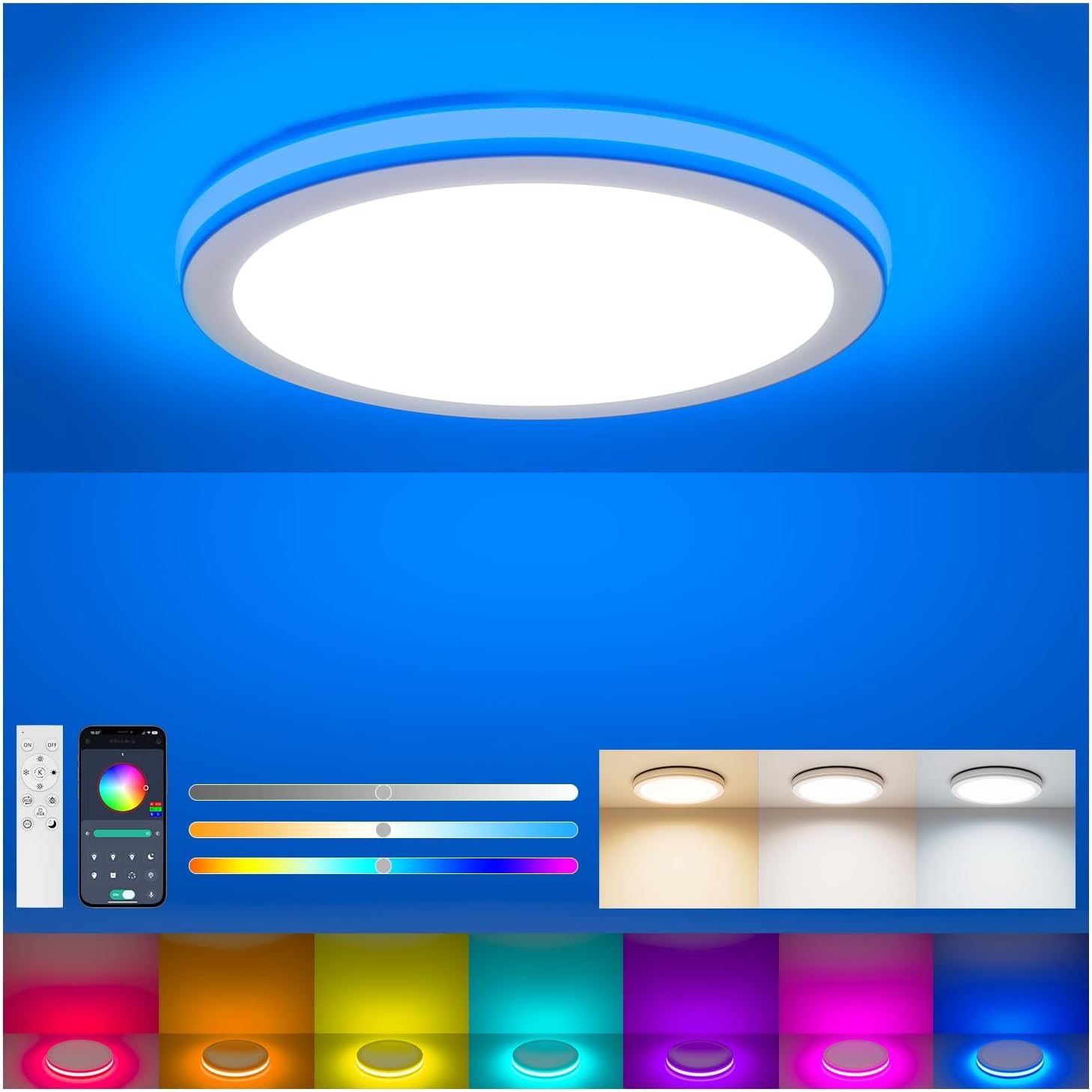 24-w-led-deckenleuchte, Ø 30 Cm, Ultradünn, Rgb, 7 Farben, Dimmbar (3000–6500 K), Mit Fernbedienung Und App-steuerung, Für Wohnzimmer, Schlafzimmer Und Küche