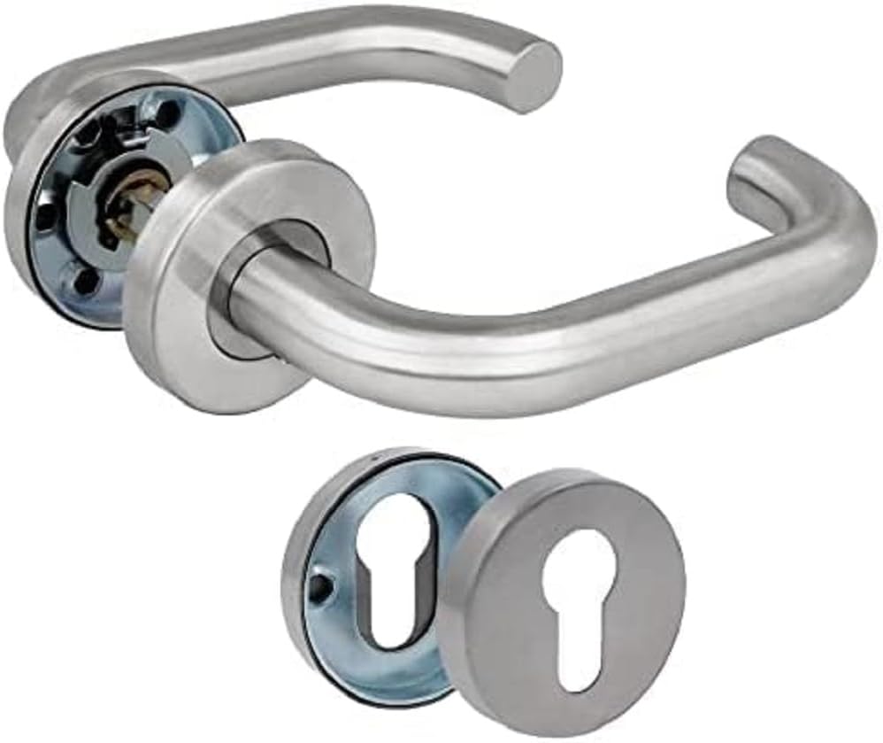 Türgriffset Mit Rosette, Edelstahl, 140 X 19 Mm, 8 Mm Vierkantspindel, Ergonomisches, Wendbares Design Für Innen- Und Außentüren