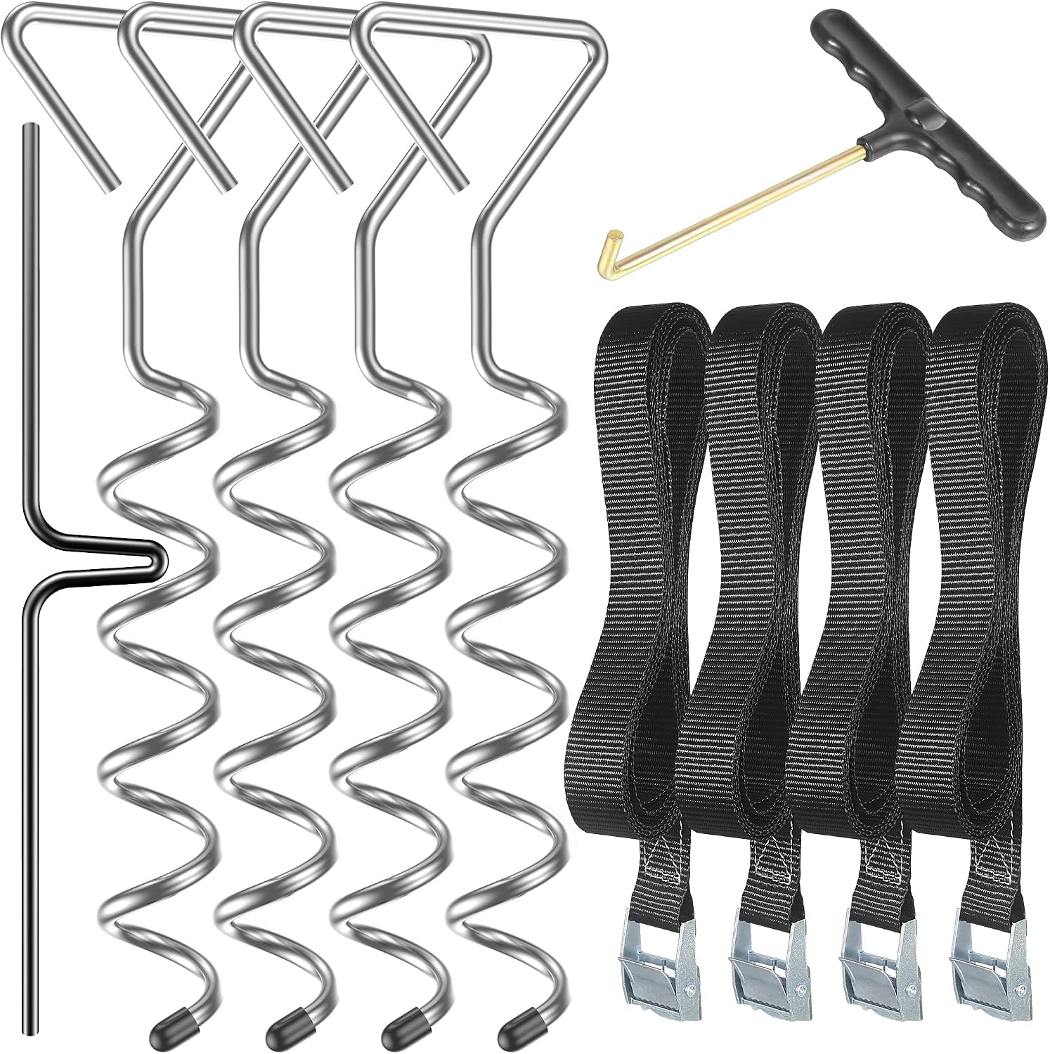 4-teiliges Trampolin-verankerungsset, Verzinkter Stahl, Spiralförmige Heringe, Verstärkte Gurte, Gartensicherheit, Winddicht