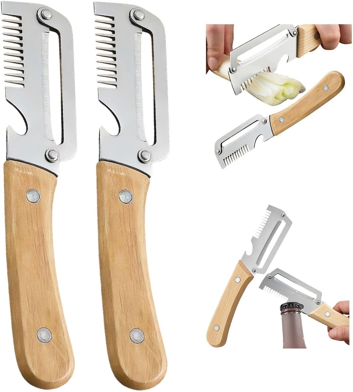 3-in-1 Gemüseschäler Mit Holzgriff, Multifunktionaler Edelstahlklinge Und Integriertem Flaschenöffner Für Obst Und Zum Täglichen Kochen
