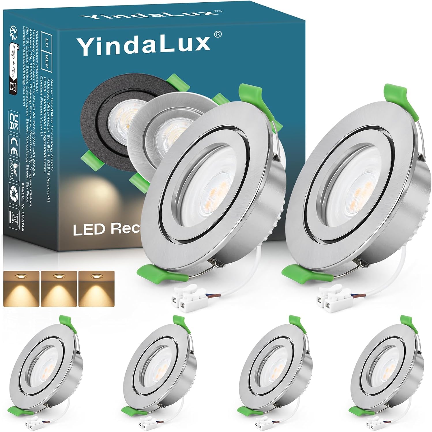 Led-einbaustrahler, 230 V, Rund, Oberfläche In Gebürstetem Nickel, Wasserdicht Nach Ip65, Warmweißes Licht (2700 K), Ideal Für Badezimmer Und Wohnzimmer, 6er-pack