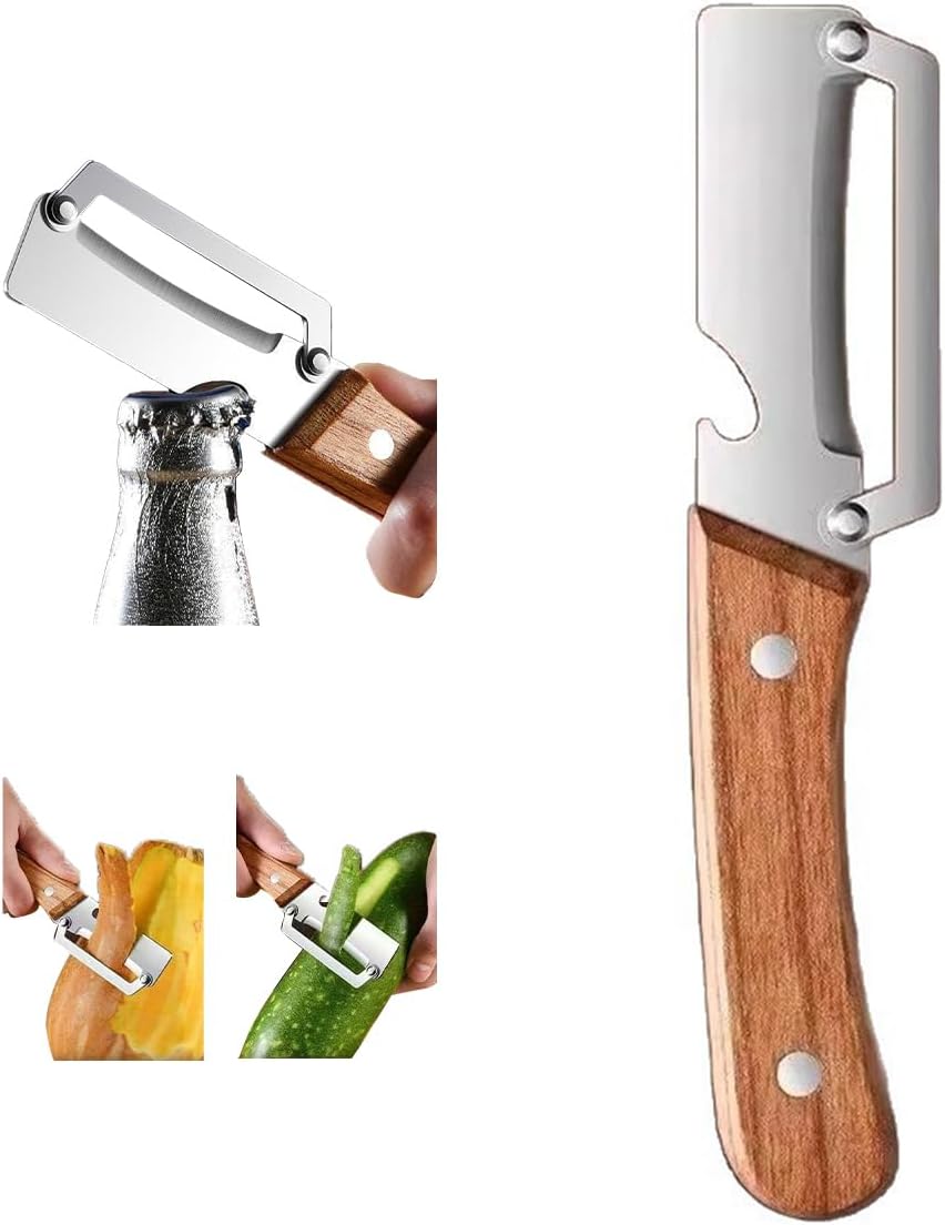 Multifunktionaler Sparschäler Aus Edelstahl Und Holz, Mit Integriertem Flaschenöffner Und Scharfer Klinge Für Obst, Gemüse, Käse Und Zum Täglichen Kochen