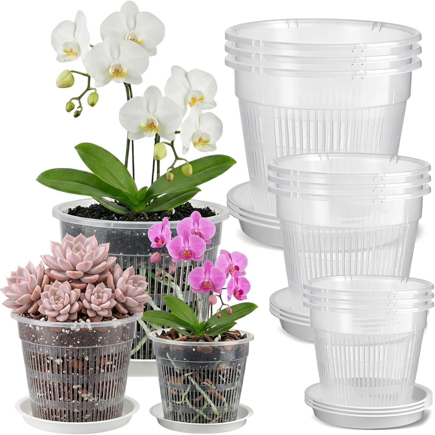 Set Mit 9 Transparenten Orchideentöpfen – Pp-kunststoff – Mit Abflusslöchern Und Untersetzern – Für Drinnen Und Draußen – 11/14/16 Cm